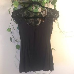 Black Scoop Neck Lace Back Short Sleeve